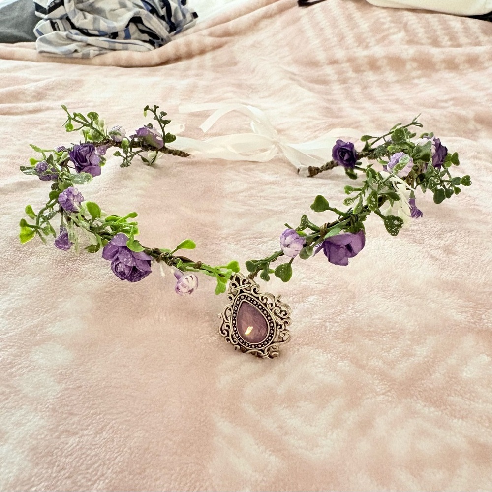 Handmade Purple Floral Goddess Headpiece with Teardrop Pendant - Picture 2 of 3